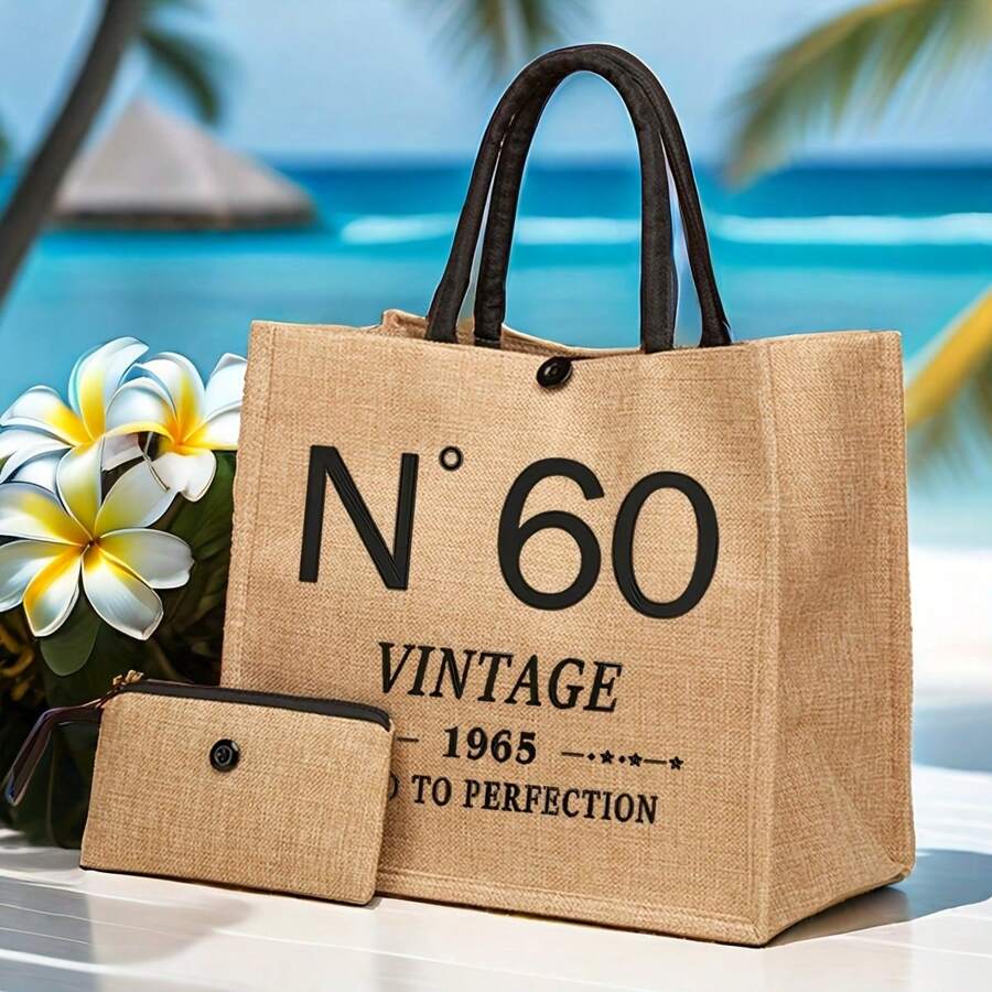 N°60 Vintage 60th Birthday Tote Bag Set - Lightweight Burlap Shopping & Travel Bag With Coin Purse, Elegant Polyester Design For Women, Perfect Gift For Her, Wife, Sister, Mom, Aunt, Friends, Beach Accessory | Elegant Tote Bag | Durable Handle Bag, Beach Tote Bag