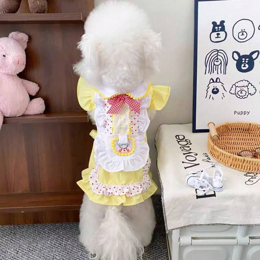 Dog Clothes Lightweight Princess Dress, Red Polka Dot & Yellow Bear Print, For Small Dogs Such As Poodle & Bichon Frise, Suitable For Spring/Summer