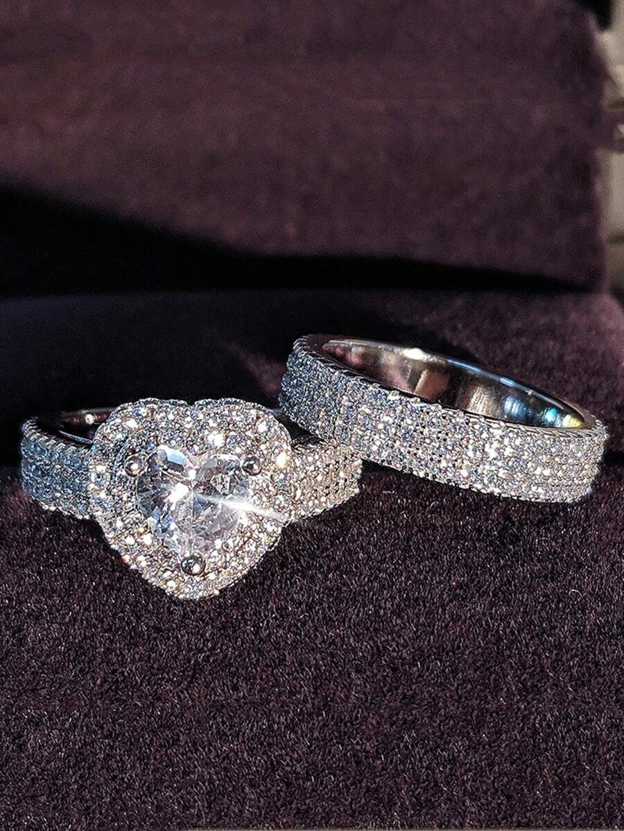 2 peças/Conjunto de Anéis Joias para Mulheres, Pavimentado Completamente com Brilhante Coração de Pedra CZ, Acessórios de Moda para Dedos, Anéis de Noivado