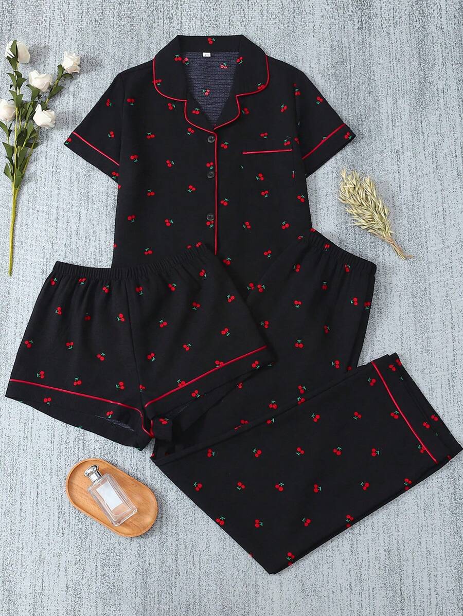 Set de 3 piezas con cárdigan de manga corta con volantes, pantalones cortos y pantalones de pijama con estampado rojo de cerezas, para vacaciones