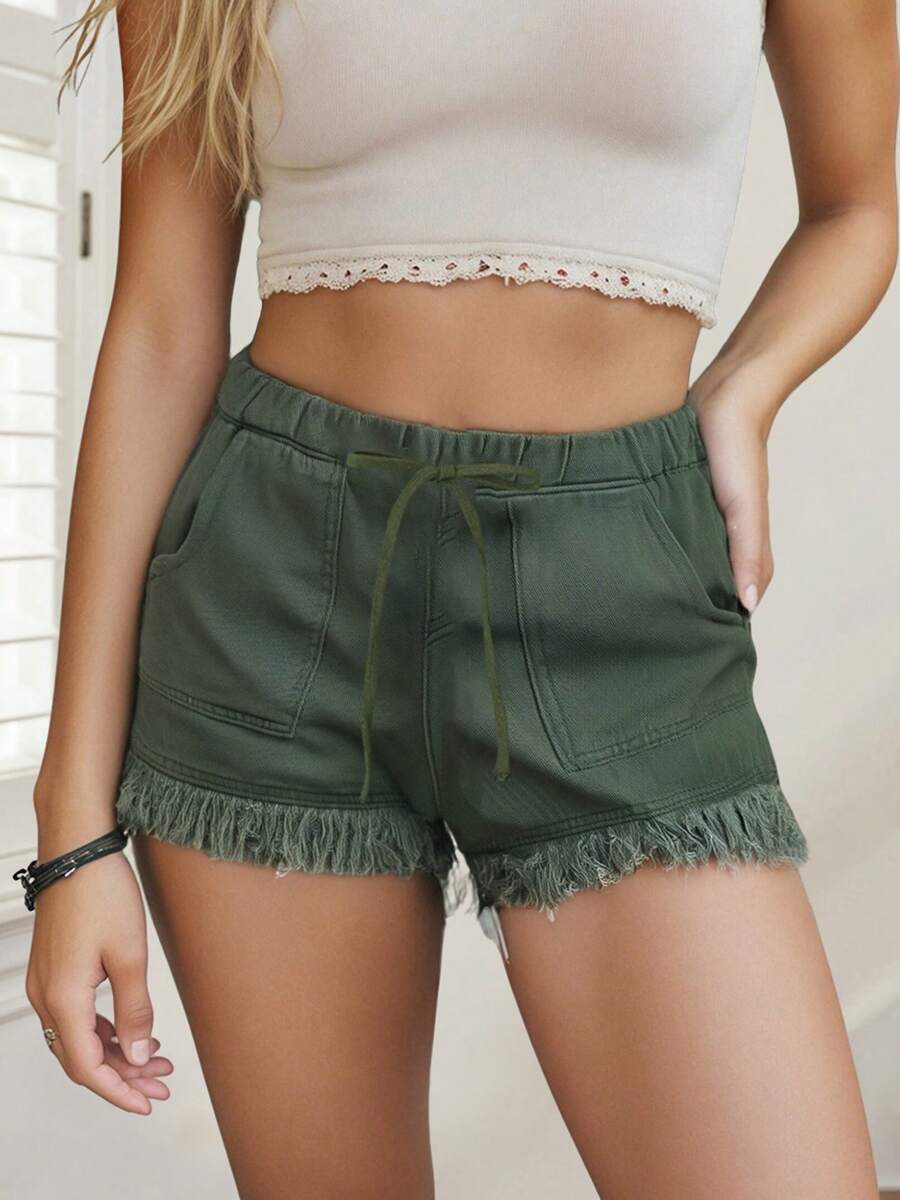 Womens Washed Denim Shorts, Casual Drawstring Elastic Waist Frayed Hem Loose Short Jeans