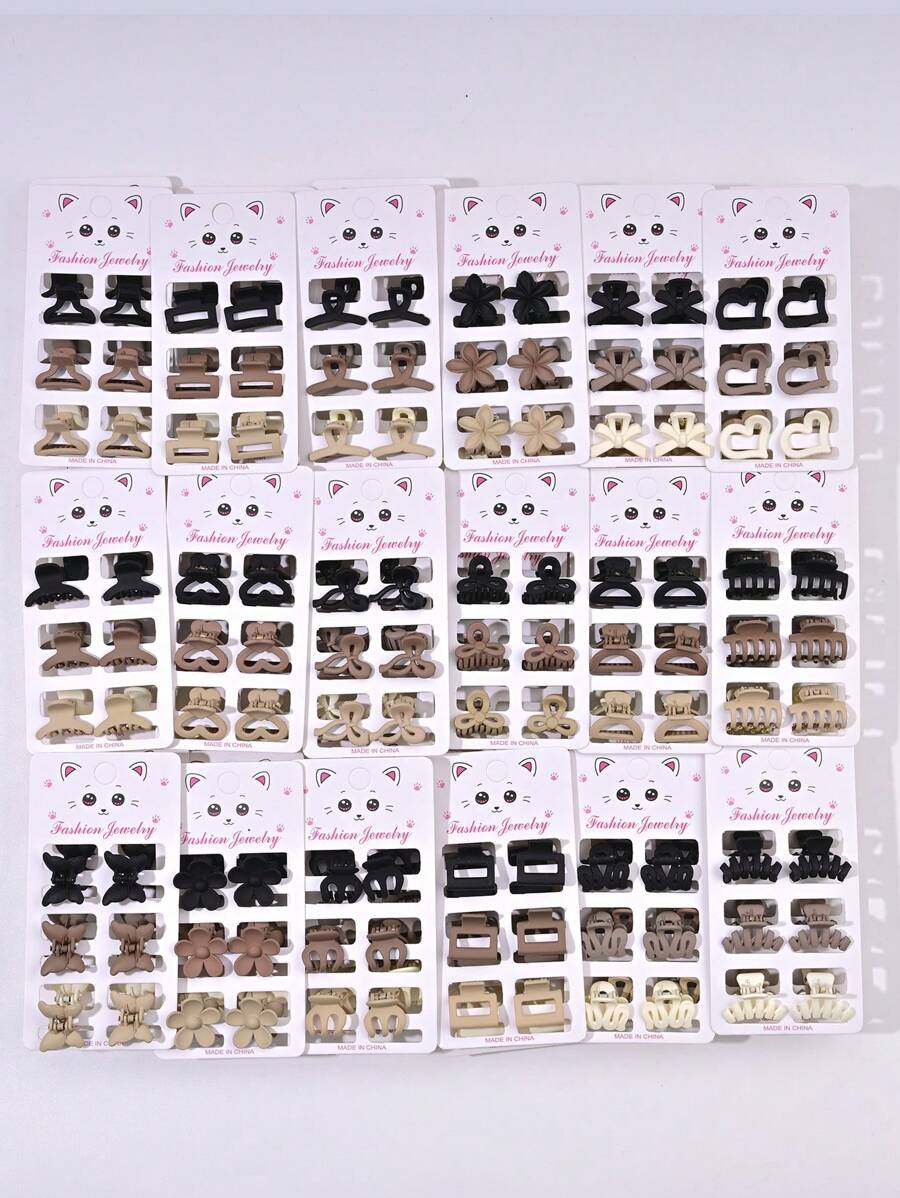 6pcs/Set Solid Color Casual Cute ABS Plastic Hair Clips, Butterfly, Flower, Heart, Square Design, Small Size Matte Black Bangs Claws, Princess Front & Side Bang Clips, Suitable For All Seasons Summer Hair Jaw Clip