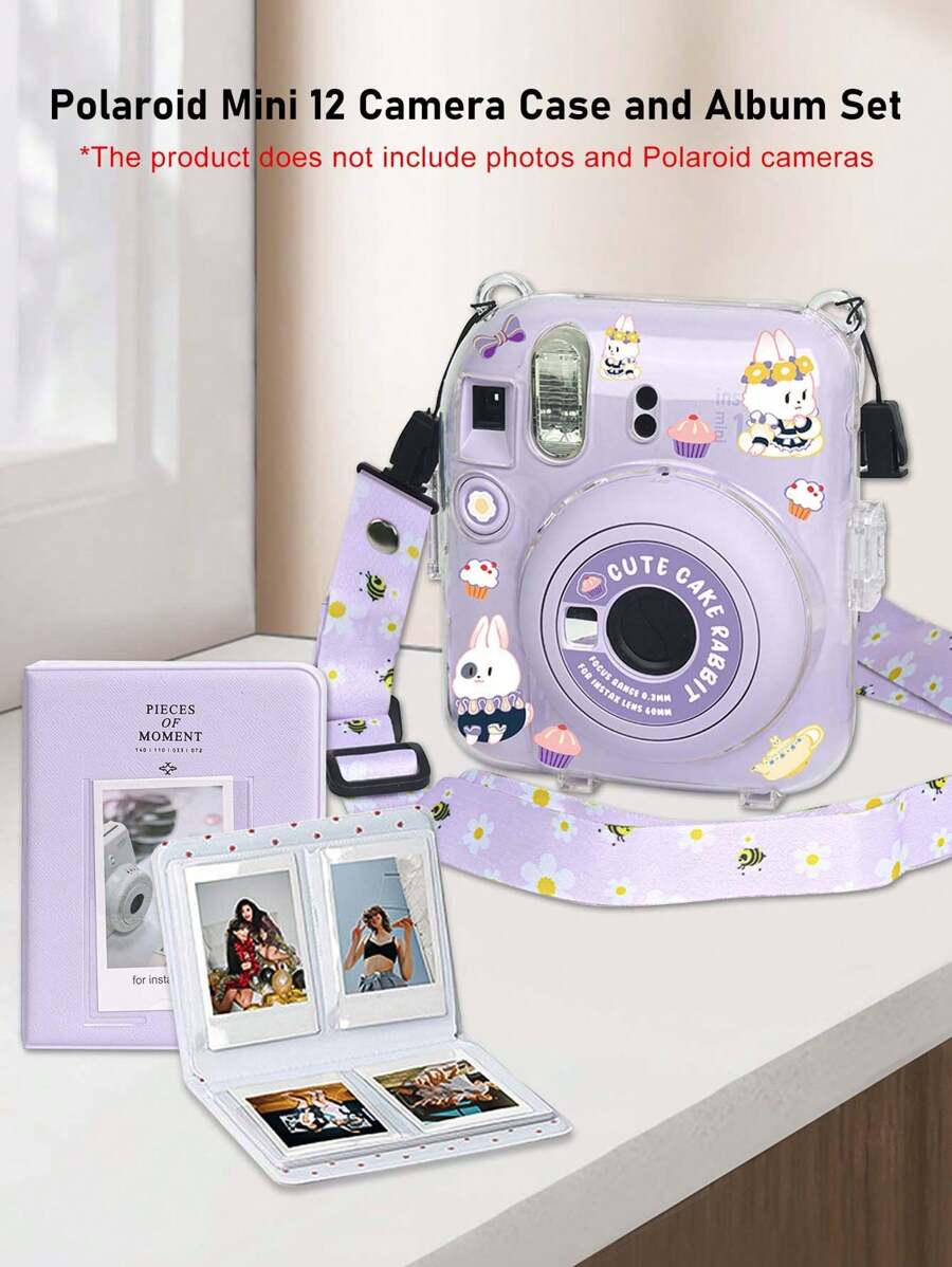 Ensemble mini caméra instantanée 12 films, kit coque cristal - étui de protection, autocollant de corps, bandoulière, ensemble 3-en-1 + 64 feuilles d'album photos doux de 3 pouces, support photo, étui pour appareil photo, combo album