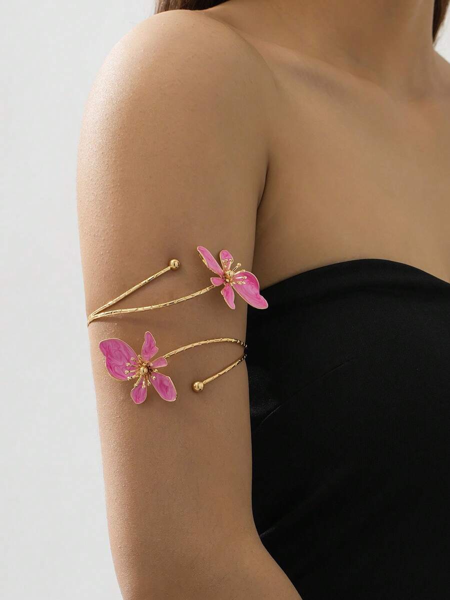1 pieza Pulsera brazalete abierta con cabezal doble, de aleación de hierro esmaltada con diseño floral, simple y elegante, para el Día de la Madre, fiestas y uso diario