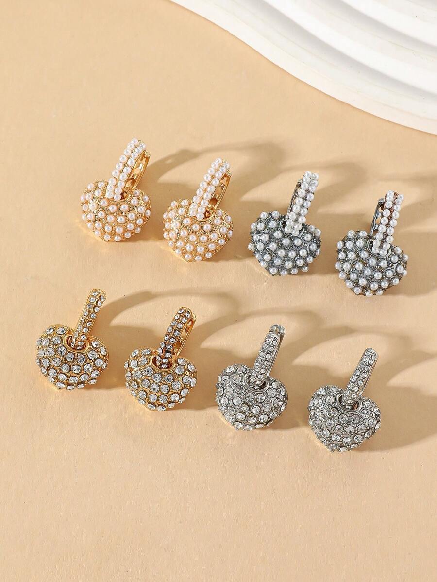 1pair European Style Alloy Heart-Shaped 3D Effect Rhinestone & Pearl Decorated Dangling Earrings With Metal Ear Hoops, Gift & Daily Wear For Women