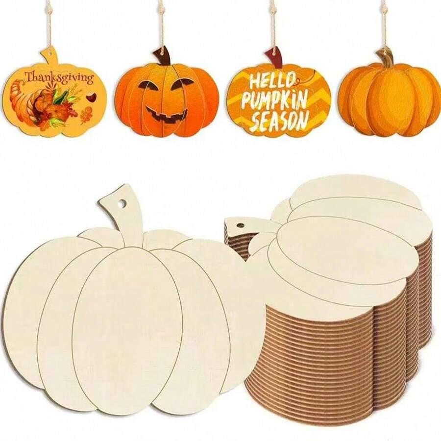 Unfinished Wooden Carved Pumpkin Shape Slices For DIY Painting, Decoration Crafts For Holidays, Home