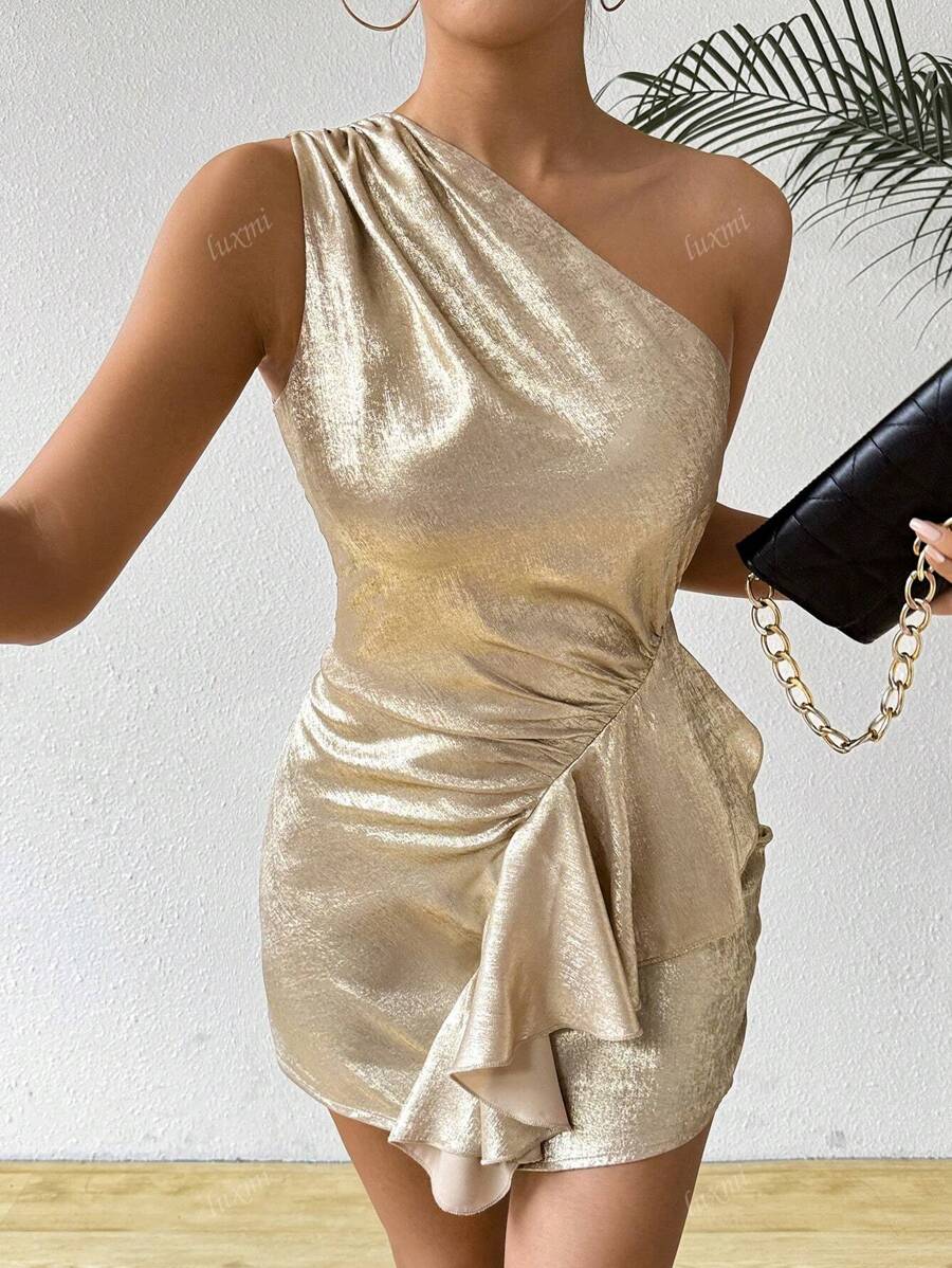 Metallic Sheen Asymmetric Shoulder Ruffle Hem Bodycon Mini Sexy Birthday Dress For Women