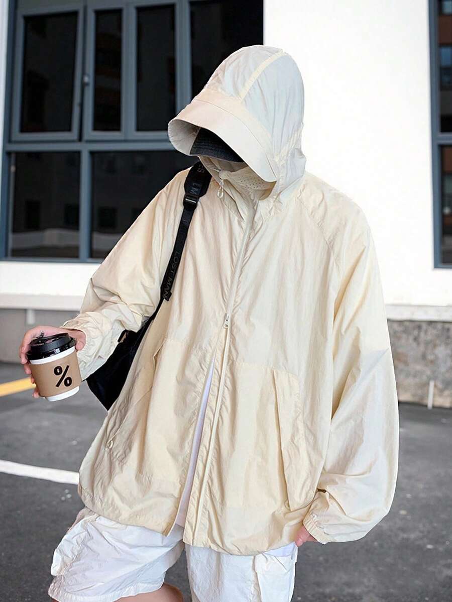 1 pieza Chaqueta informal holgada para hombre, con cremallera, con capucha, resistente al viento y al agua, adecuada para primavera/verano/otoño