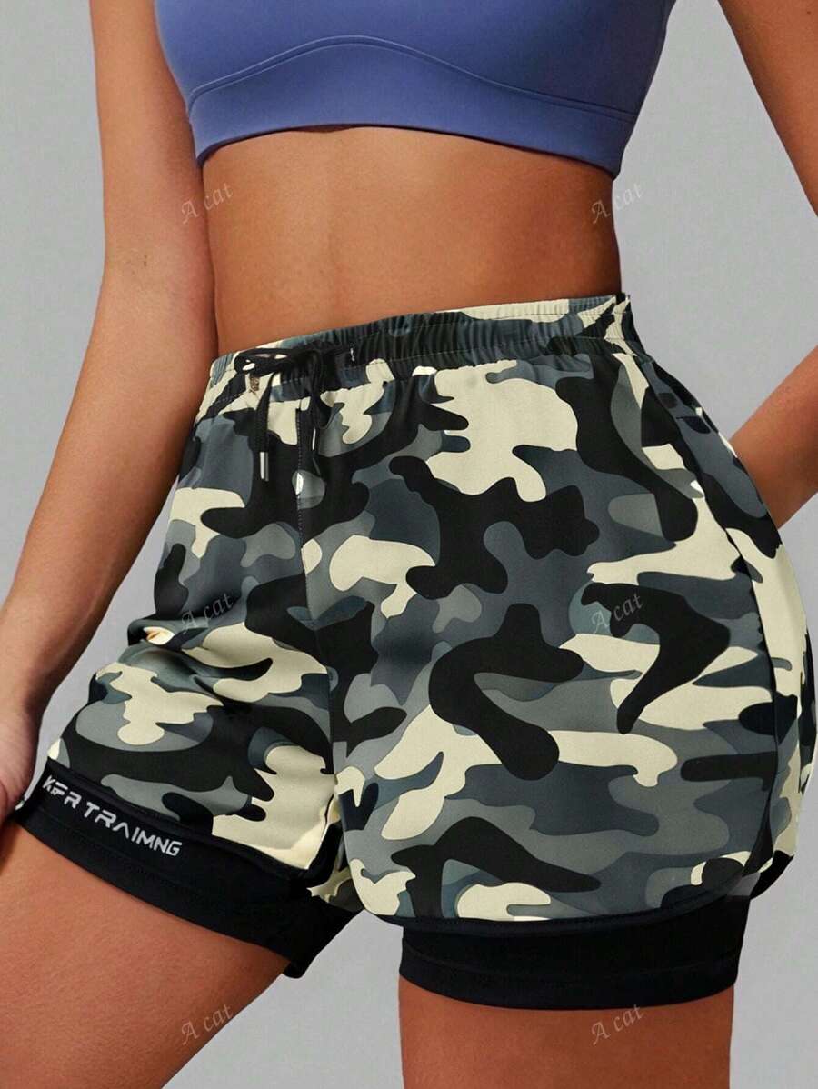 Pantalones cortos de mujer 2 en 1 con estampado de camuflaje y cordón en la cintura, pantalones deportivos y casuales