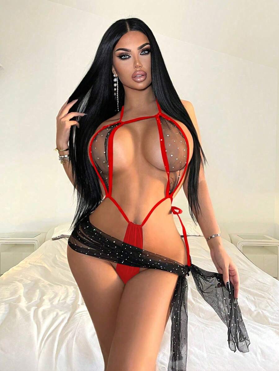 2 piezas Conjunto de ropa interior de mujer con camiseta sin espalda ajustada de encaje y malla transparente
