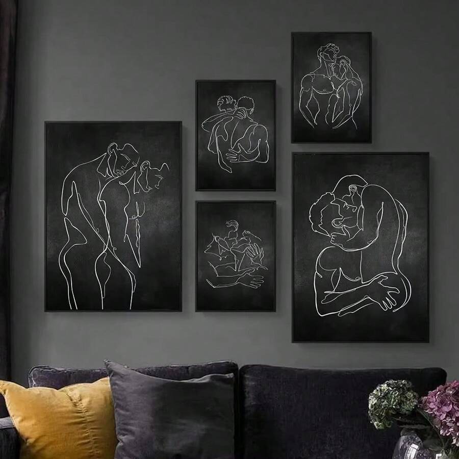 1pc/3PCS Wall Arts Posters Optional Frame Modern Wall Art Canvas Painting Bedroom Home Decoration Gay Gift Poster Men Kiss Embrace Love Prints Abstract Lines Simple