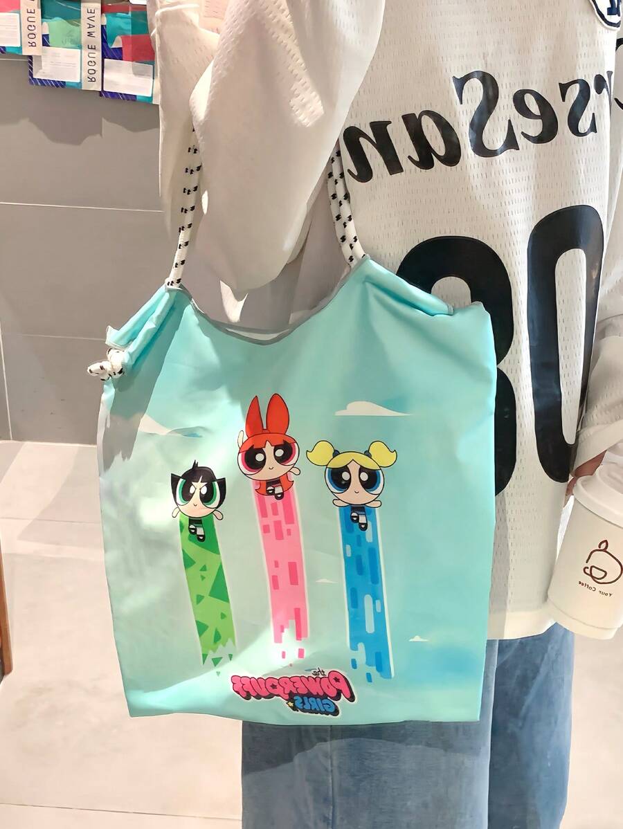 THE POWERPUFF GIRLS Japanese Style Versatile Cartoon Canvas Bag, Tote Bag For Women With Large Capacity, Shoulder Bag, Embroidered Beach Bag, Nylon Shopper Bag