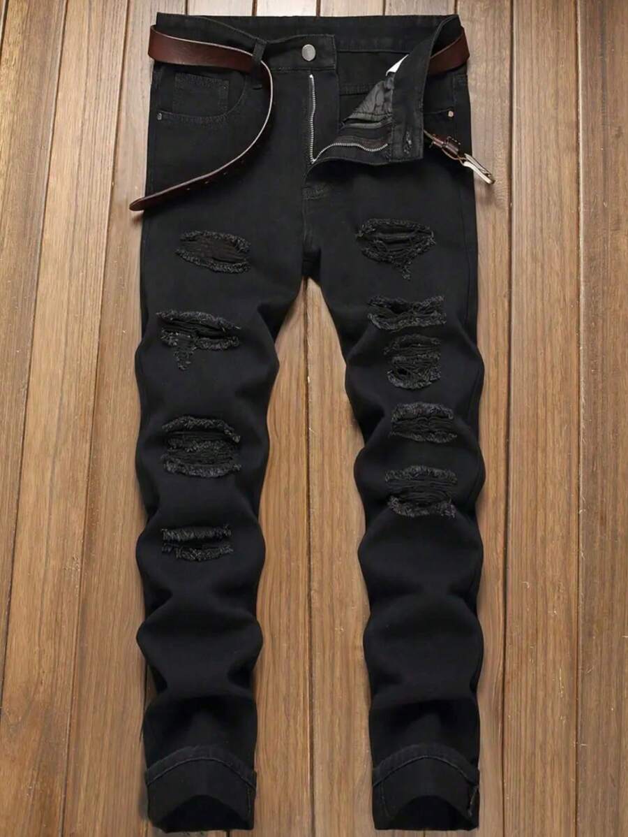 1pc Men's Black Street Style Comfortable Casual Jeans, Spring & Summer, Suitable For City Walking & Outdoor Activities