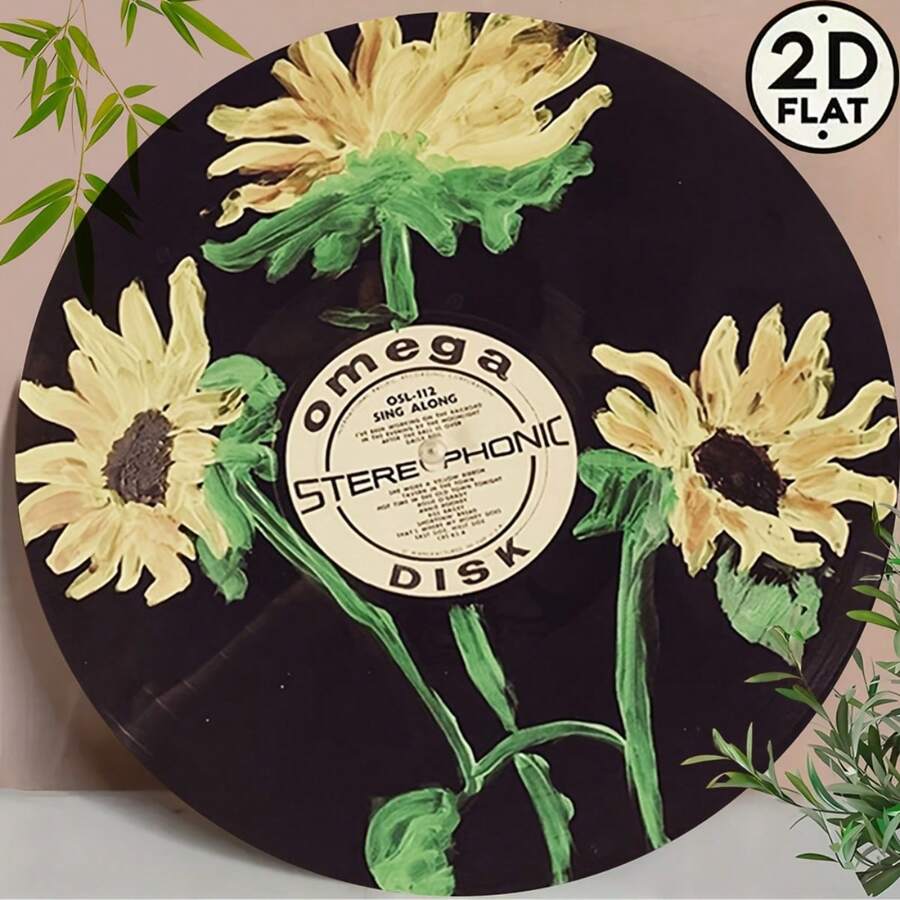 1pc 2D Flat "Music Moments Under The Sunflowers" Vintage Classic 8-Inch Round Metal Sign, Vinyl Record Wreath Metal Wall Decor Art - Perfect For Bars, Cafes, Clubs, Dorms - Ideal Gift, 2D Flat, Fits Room Decor Perfectly (Hole Style Random)