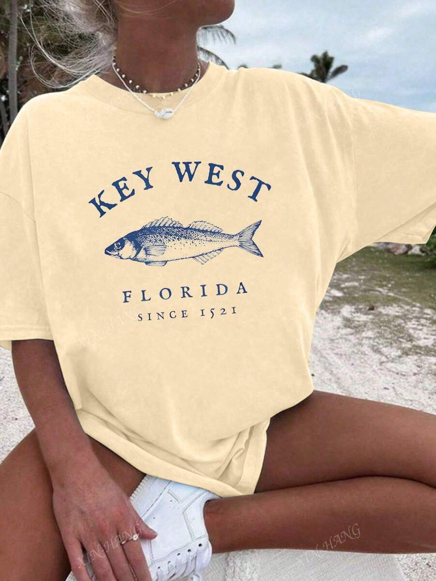 Women's Casual Retro Fishing Print T-Shirt, Summer