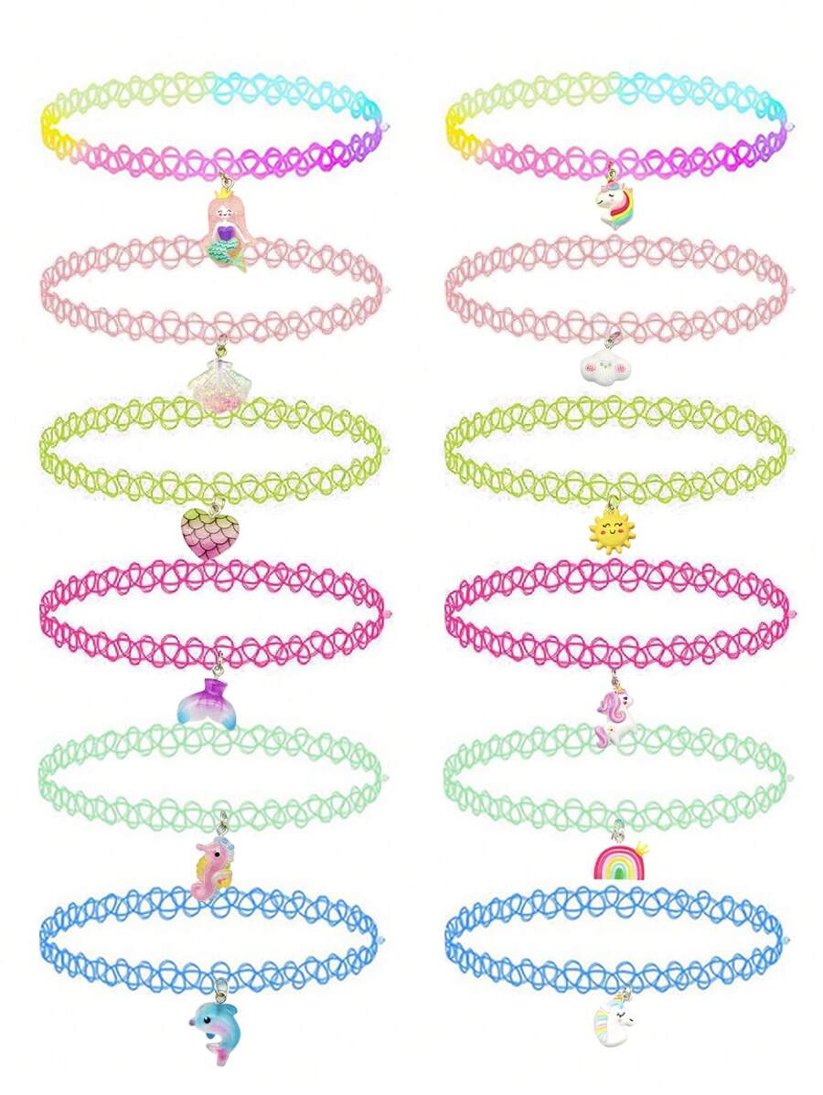 6pcs/Set Fashionable Necklaces For Teens, Cute Princess Cartoon Unicorn & Mermaid Series Chokers, Suitable For Birthday Party, Gift, Holiday, Casual Wear