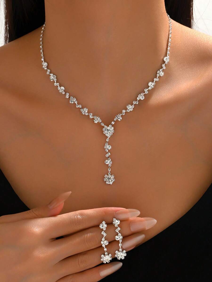 Set de 3 piezas con collar y aretes de joyería con forma asimétrica minimalista, con diamantes y garra de cobre, adecuado para usar en fiestas