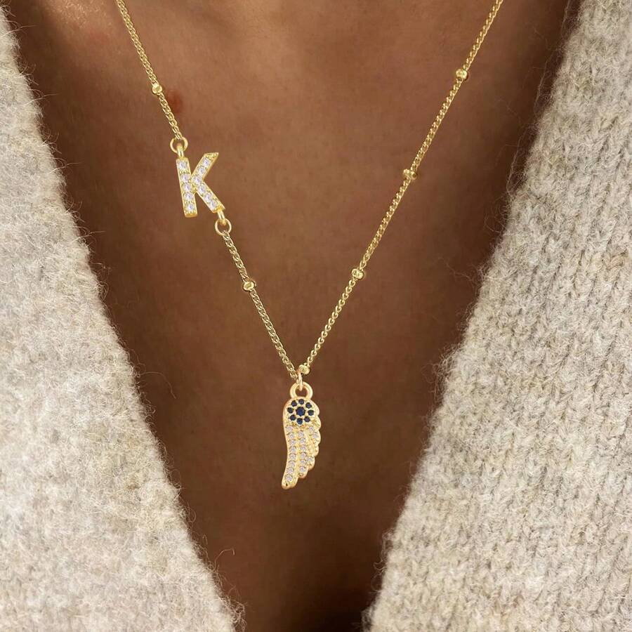 1 stuk nieuwe klassieke pavé zirkonia initialen vleugel hanger gouden roestvrijstalen kralenketting kettingen voor vrouwen