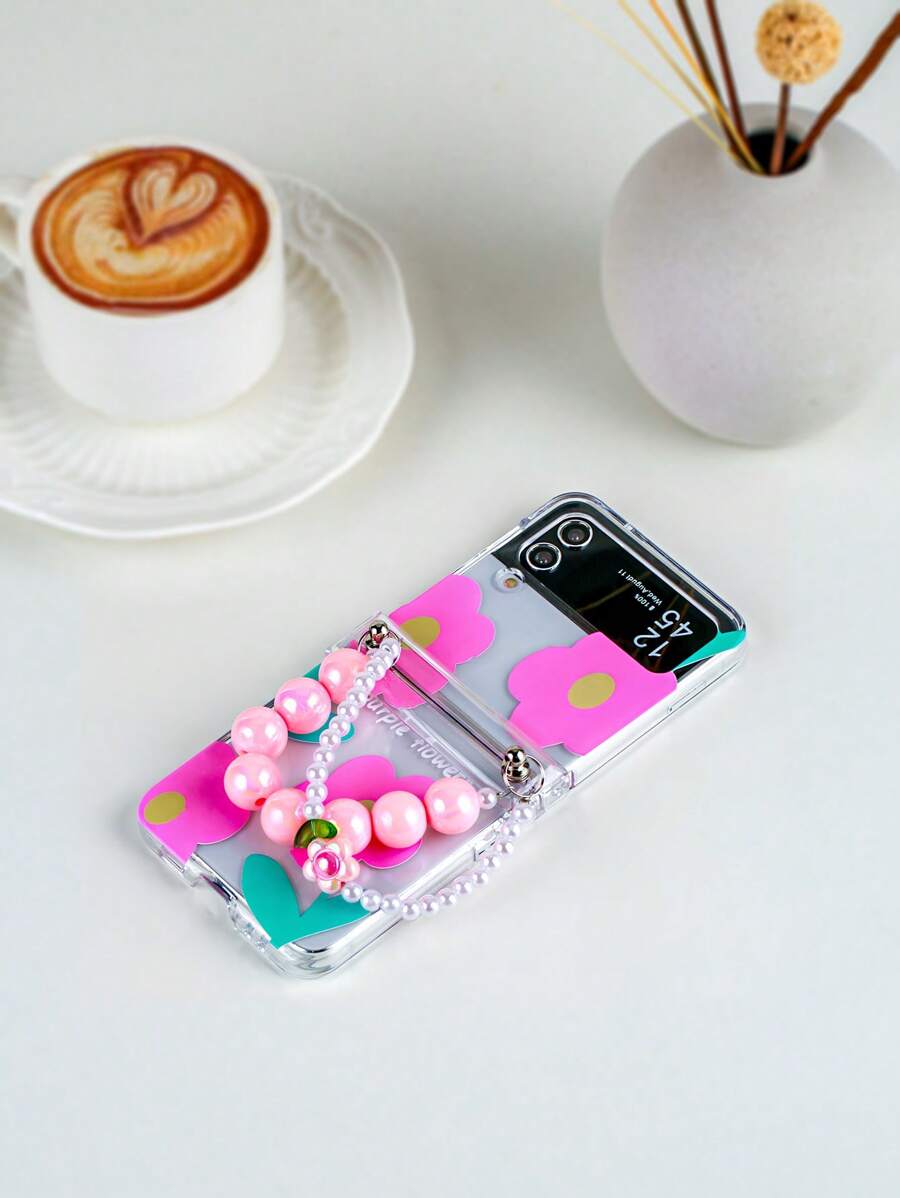 1pc Flower Pattern Electroplated Beaded Bracelet Hinged Protective Anti-Shock Anti-Drop Full Wrap Phone Case, Compatible With Samsung Galaxy Z Flip3 5G, Galaxy Z Flip4 5G, Galaxy Z Flip5 5G, Galaxy Z Flip6 5G