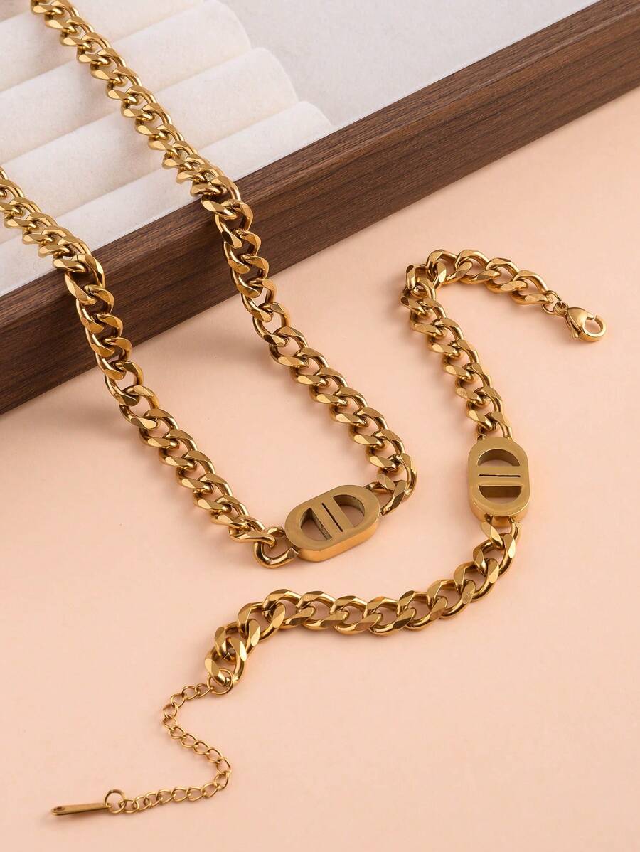 Gold Cuban Chain Geometric Charm Necklace & Bracelet Set, Hip-Hop Thick Chain Jewelry Set, Suitable Gift For Mom, Wife, Friends, Students