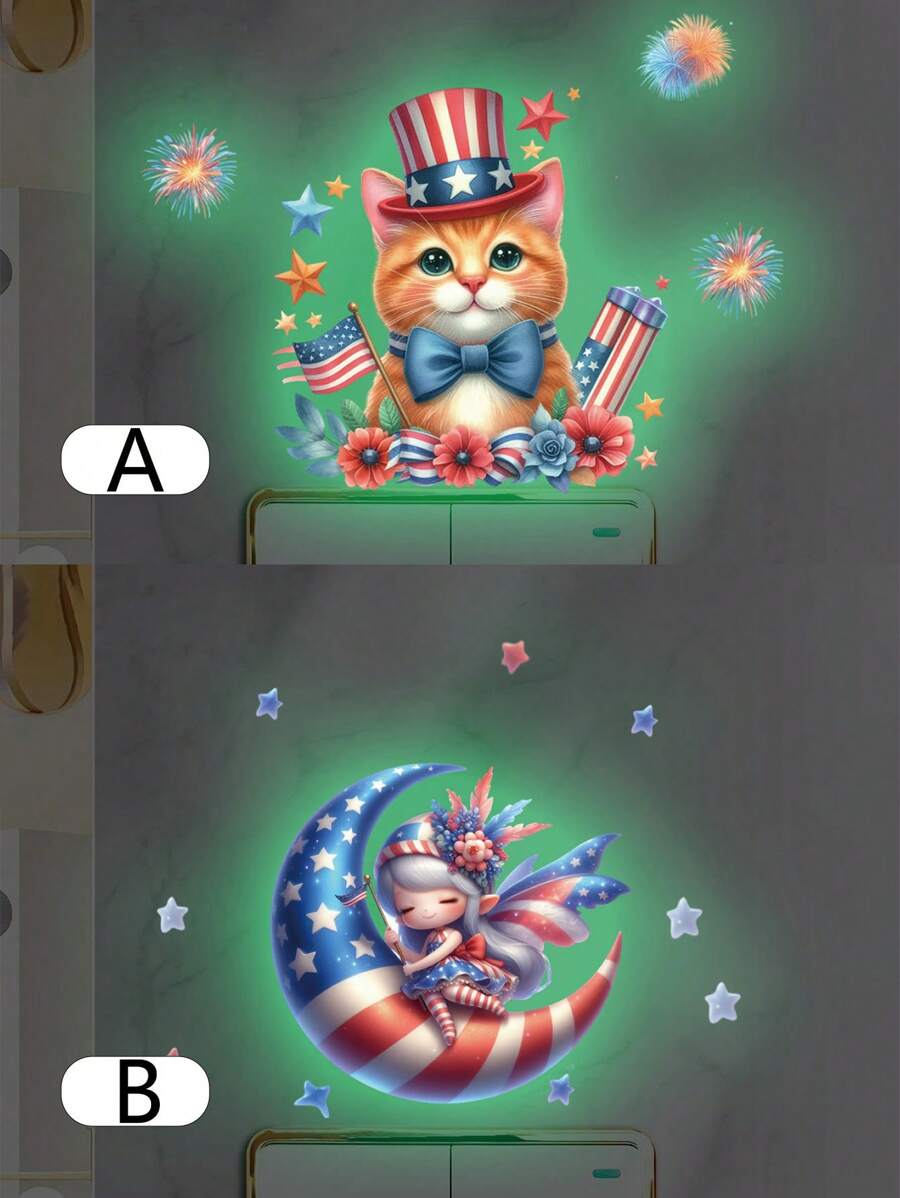 Set de 2 calcomanías de pared con diseño de gato que brillan en la oscuridad para el Día de la Independencia, pegatinas de pared de decoración de habitación