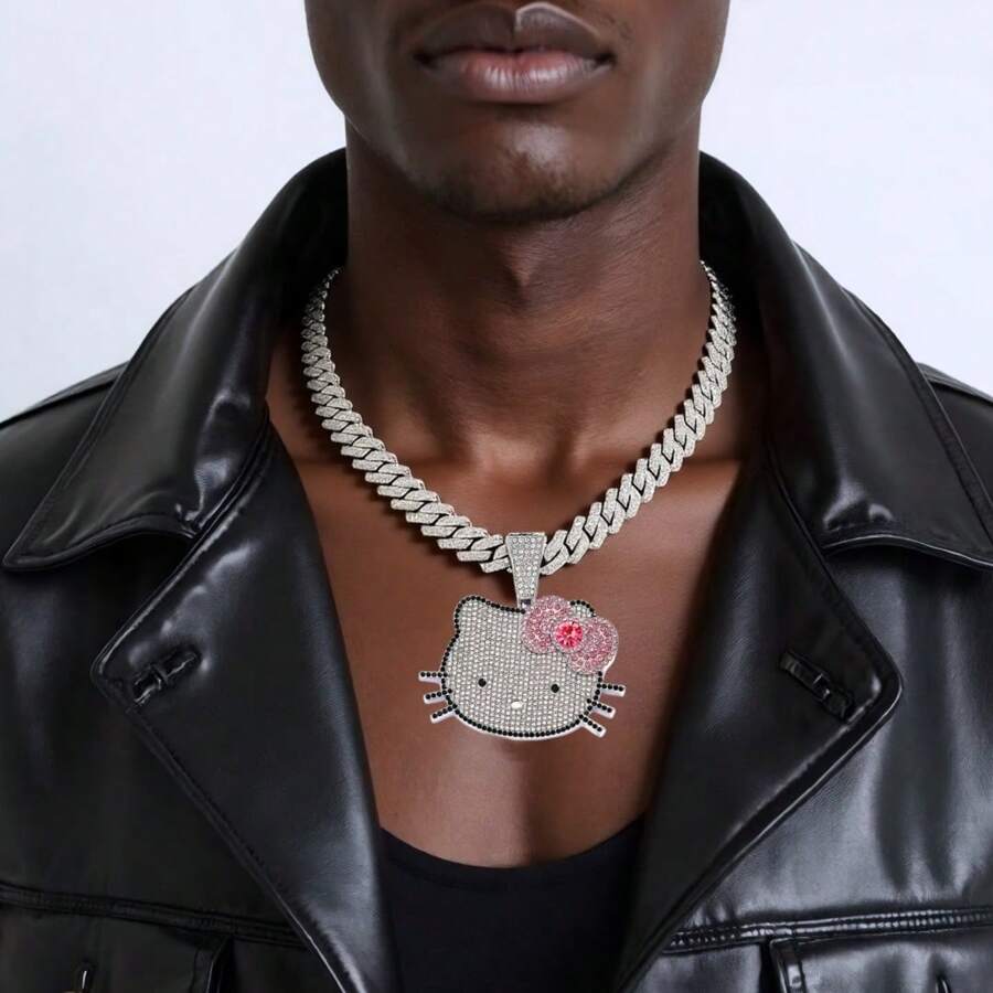 Sanrio 1 pieza Colgante de collar de joyería con Hello Kitty de Sanrio de dibujos animados, lleno de diamantes brillantes, tipo hip hop y de aspecto tridimensional. Regalo de collar con cadena cubana estilo fashionista de gato lindo.