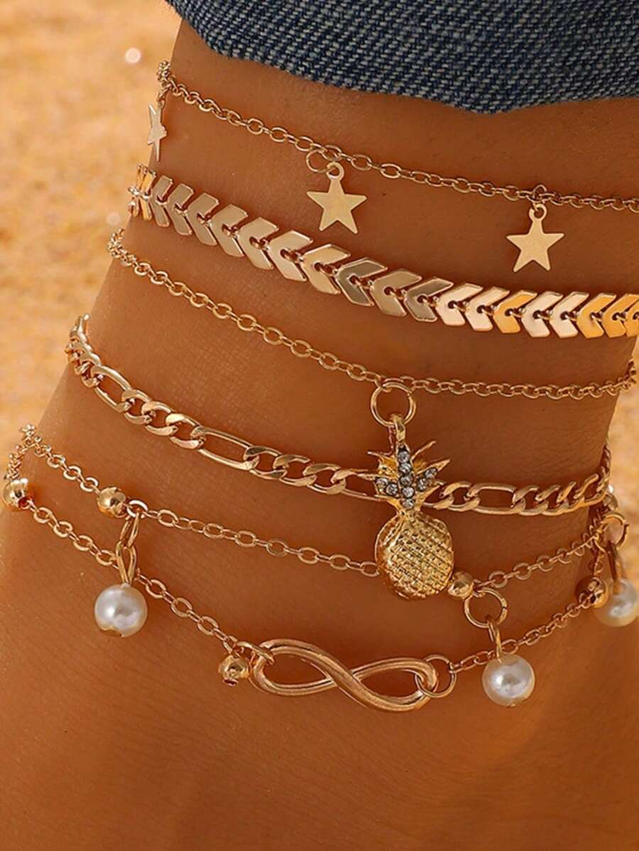 1 pieza Tobillera dorada multicapa, conjunto de joyería de tobillo versátil y sexy de estilo para la playa para chicas