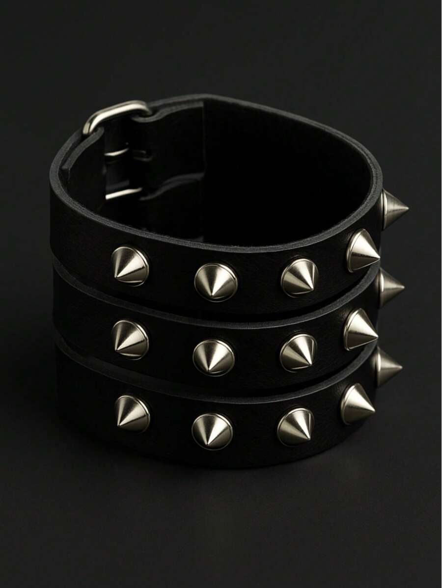 Black Bracelet With 3 Rows Of Spikes – Rock, Gothic, Free Style
