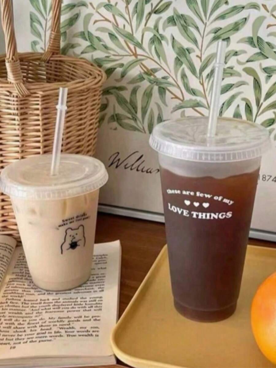 1/2pcs 700ml Or 470ml PP Coffee Cup, Portable Cartoon Straw Cup, Ice Coffee Cup, Couple Water Bottle Back To School