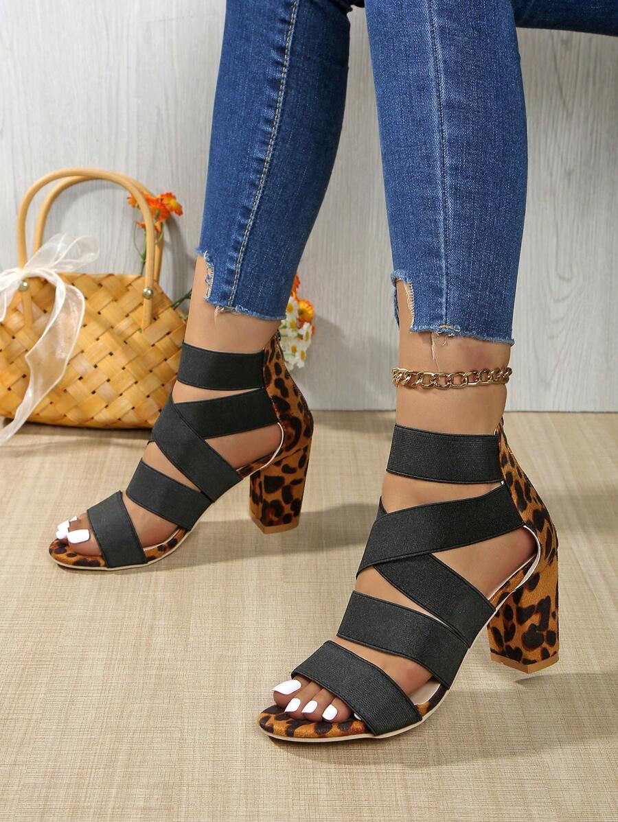 Women's Leopard Print High Heel Sandals, Open Toe Chunky Heel, Sexy Roman Straps, Zipper Closure, Synthetic Upper, Rubber Sole, 2024 New Arrival
