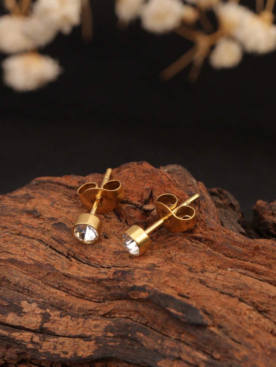 1 Pair Stainless Steel 18K Gold-Color Minimalist Vogue Earrings With Round Cubic Zirconia Stones, Versatile Daily Wear For Women, Suitable As Gifts For Friends