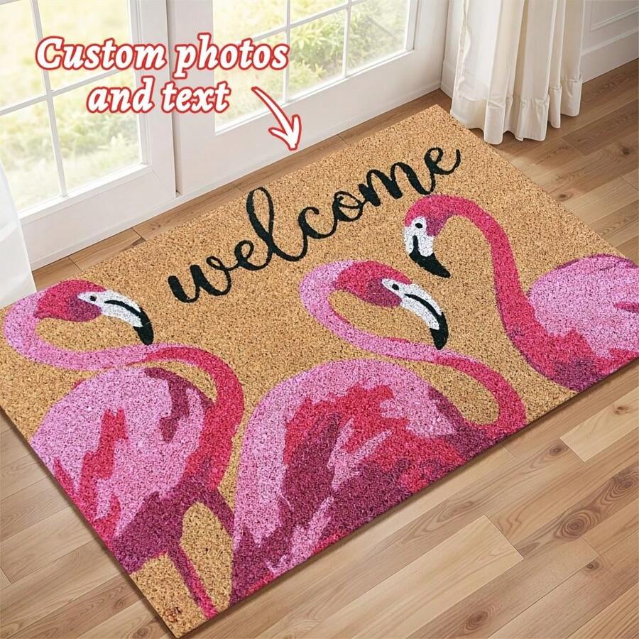 1PC Custom Text Flamingo Welcome Doormat – Eye-Catching Pink Flamingo Trio With Elegant Script Adds Tropical Charm To Your Entryway – Ideal For Home, Patio, Or Office – Great Gift For Summer, Housewarming, Birthdays, Or Mother's Day Decor.