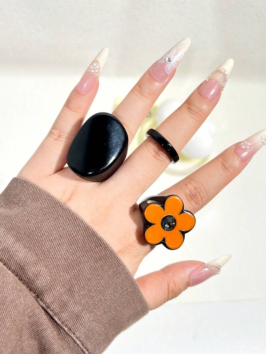 3pcs/Set Vintage Bohemian Style Resin Ring Set, Geometric & Heart Shaped, Suitable For Daily And Party Occasions