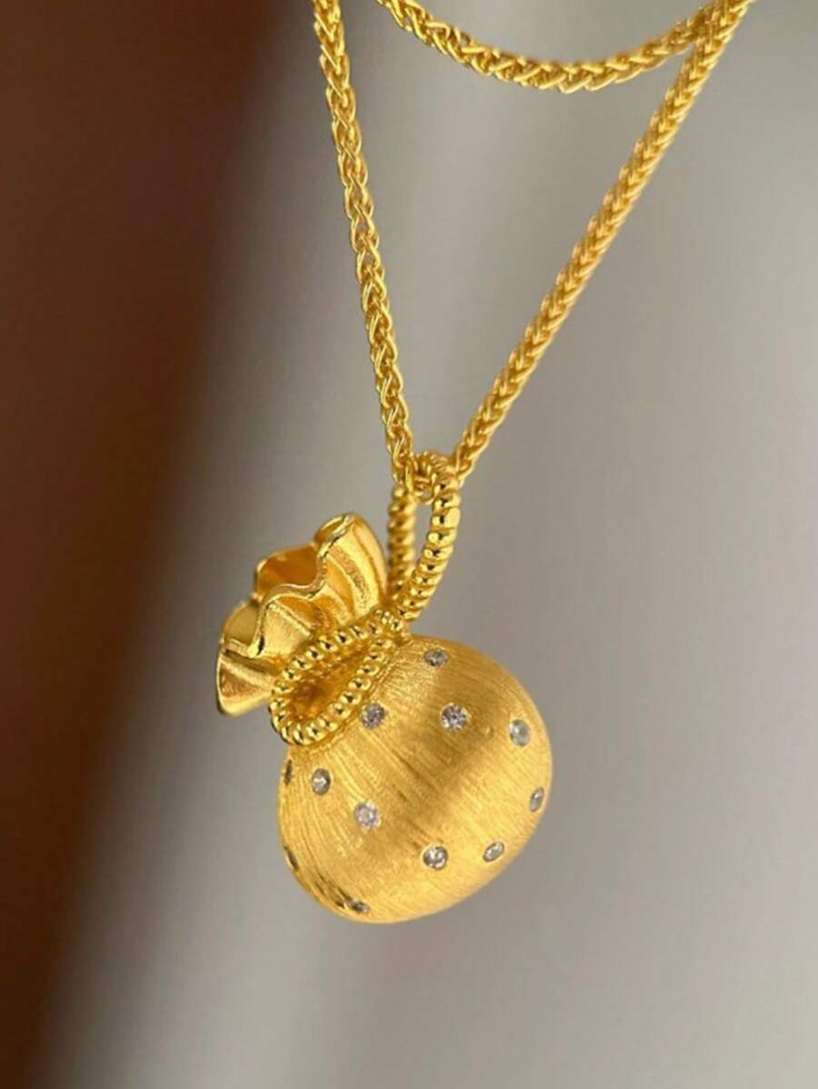 1pc Bowknot Textured Lucky Bag Pendant Necklace, Fashionable Elegant Gold-Tone Copper Necklace Suitable For Women's Daily Wear, Dates, Banquets, Parties, Jewelry Gift