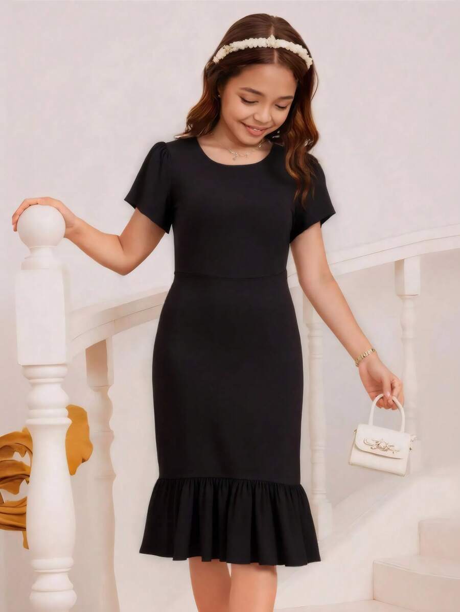 Vestido casual de verano para niñas de unicolor, cuello redondo, manga corta y longitud hasta la rodilla