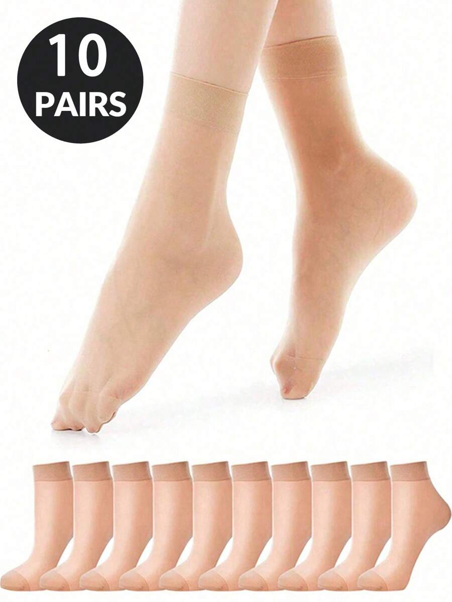 10 Pairs Beige Transparent Casual Mid-Calf Socks, Versatile