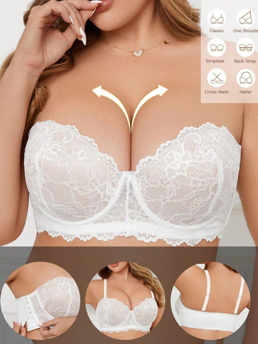 Sujetador de lencería cómodo con parches de encaje, botones laterales y tirantes desmontables, para múltiples formas de usar, para tallas grandes de mujer