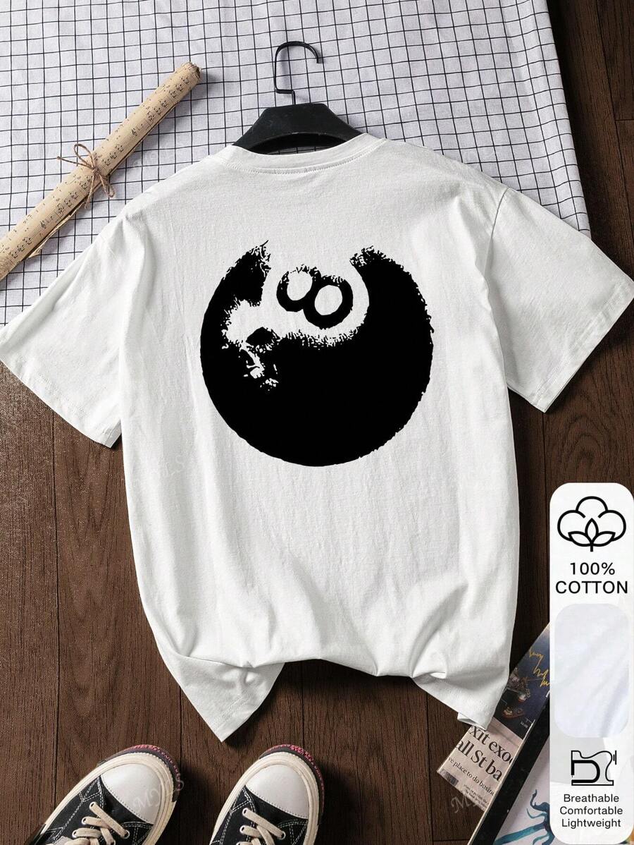 Czarny 8 Billiard Print, Letnia damska koszulka z krótkim rękawem z bawełny 100%, Biała koszulka z krótkim rękawem, T-shirt z grafiką, Białe ubrania letnie, Codzienne ubrania letnie, Bawełniana koszulka T-shirt