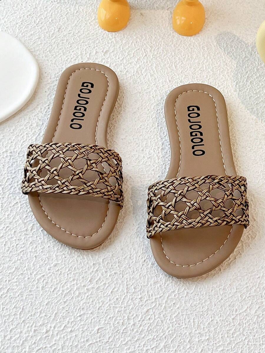 Sandalias planas de verano 2025 para niños, cómodas, de tejido dorado. Sandalias de dedo con diseño redondo para uso casual y holgazán para niñas