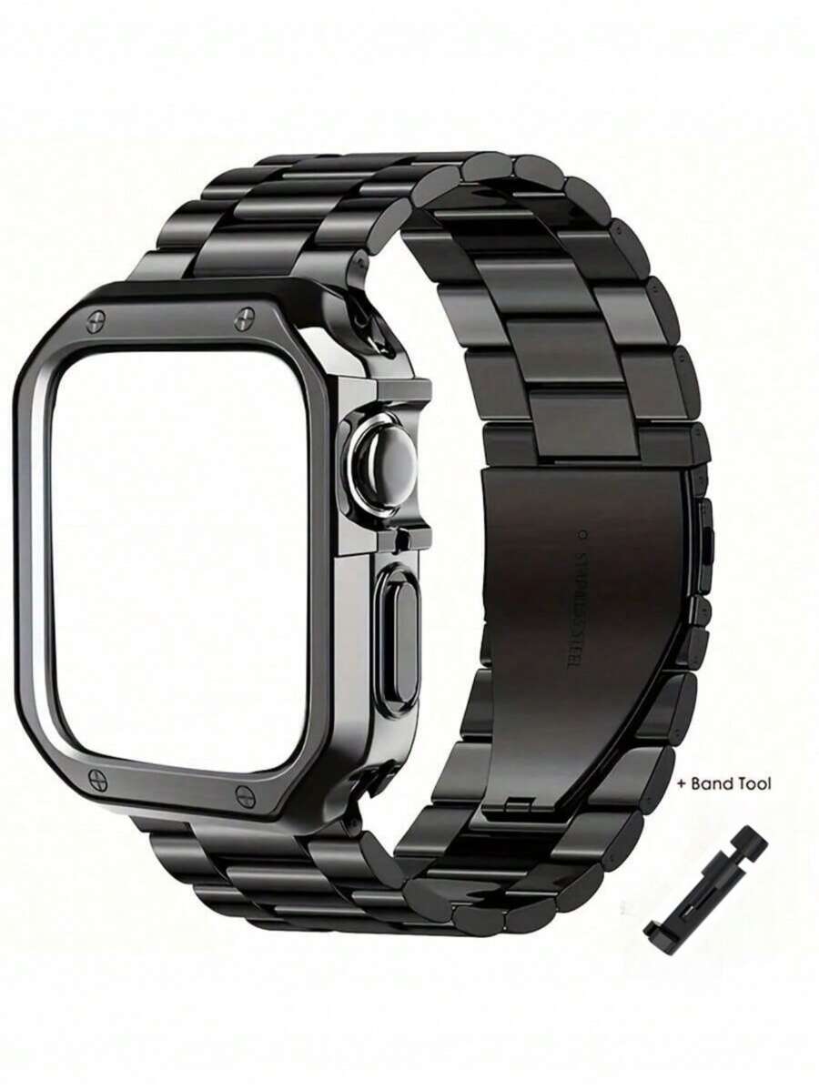 1 Set Stainless Steel Band 1/2/3/4/5/6/7/8/SE/Ultra Compatible, Gold Color, With Electroplated TPU Case And Band Tool, Integrated Case And Band, 38/40/41/42/44/45/49mm