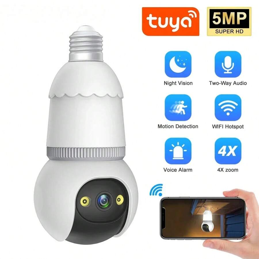 E27 Bulb Camera 1080P HD Night Vision Security Camera, Built-In 2 LED Lights Automatic Dual-Way Audio Tracking Camera, Wireless 360° Panoramic Auto Tracking Smart Home Camera