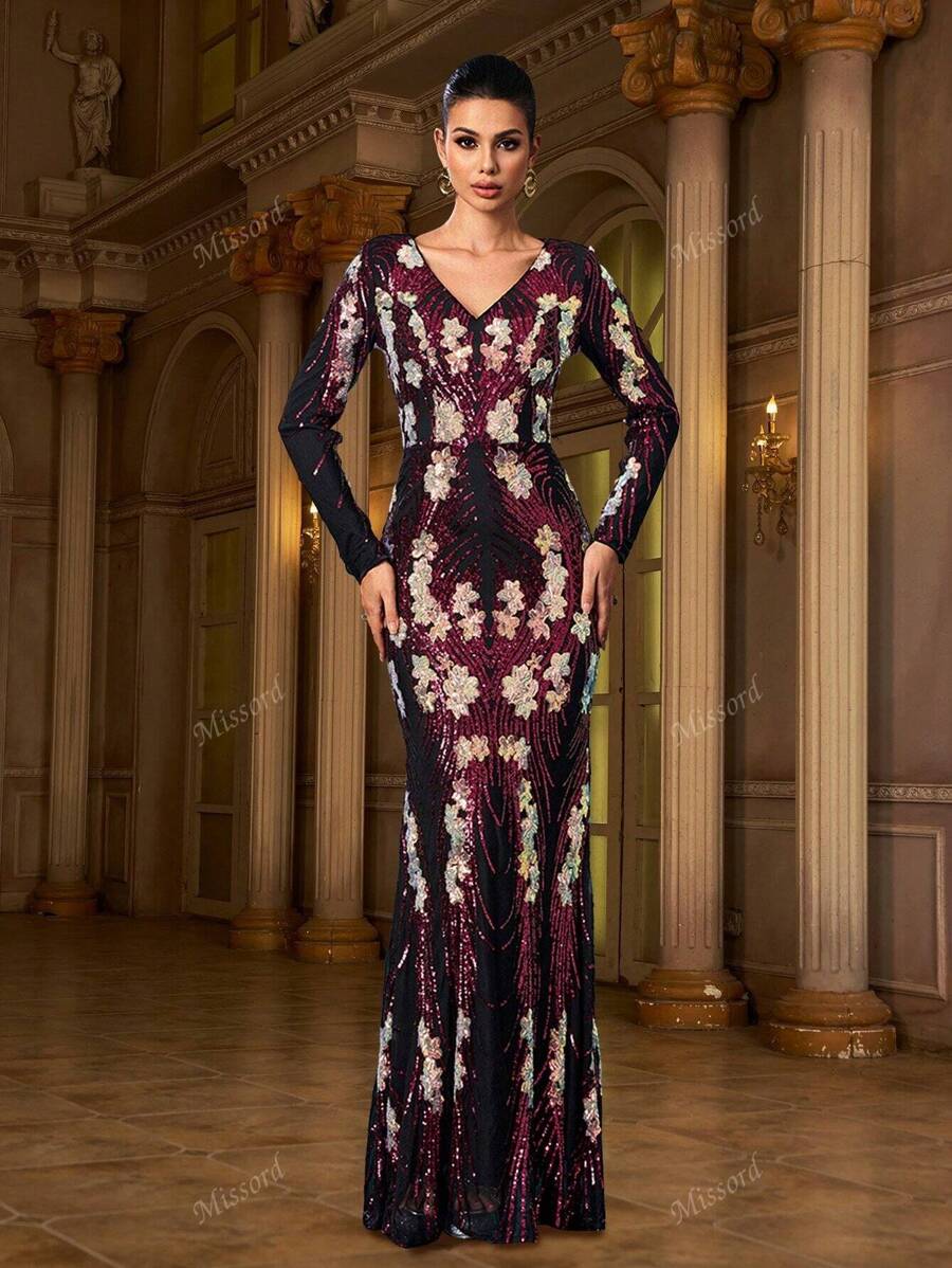 Missord Women's Elegant Sequin Long Sleeve V-Neck Cocktail Dress,Party Dress,Gown,Formal,Evening,Wedding Guest