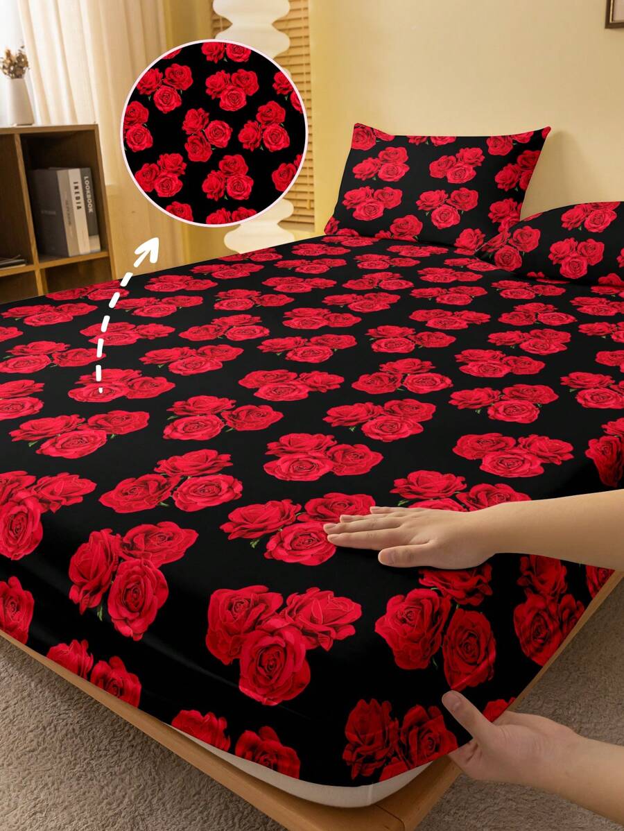 1pc Minimalist Modern Floral Three Lifetimes Botanical Print Brushed Fitted Sheet, Bedroom Printed Bed Cover, Mattress Protector, Bedding Set (Excluding Pillowcase)