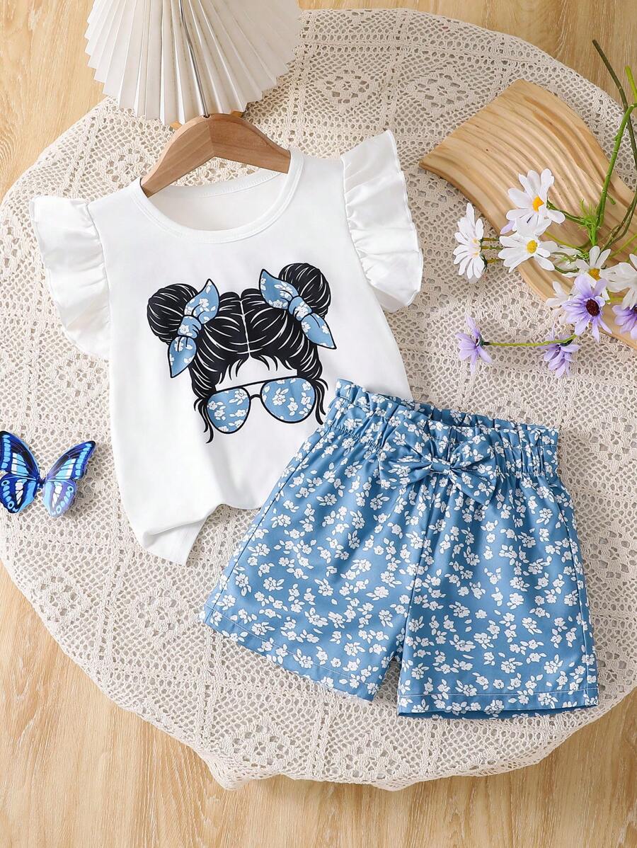 2 buc/set fete tinere model desen animat mânecă scurtă tricou top și fundă decorativ pantaloni scurți ținută de vară
