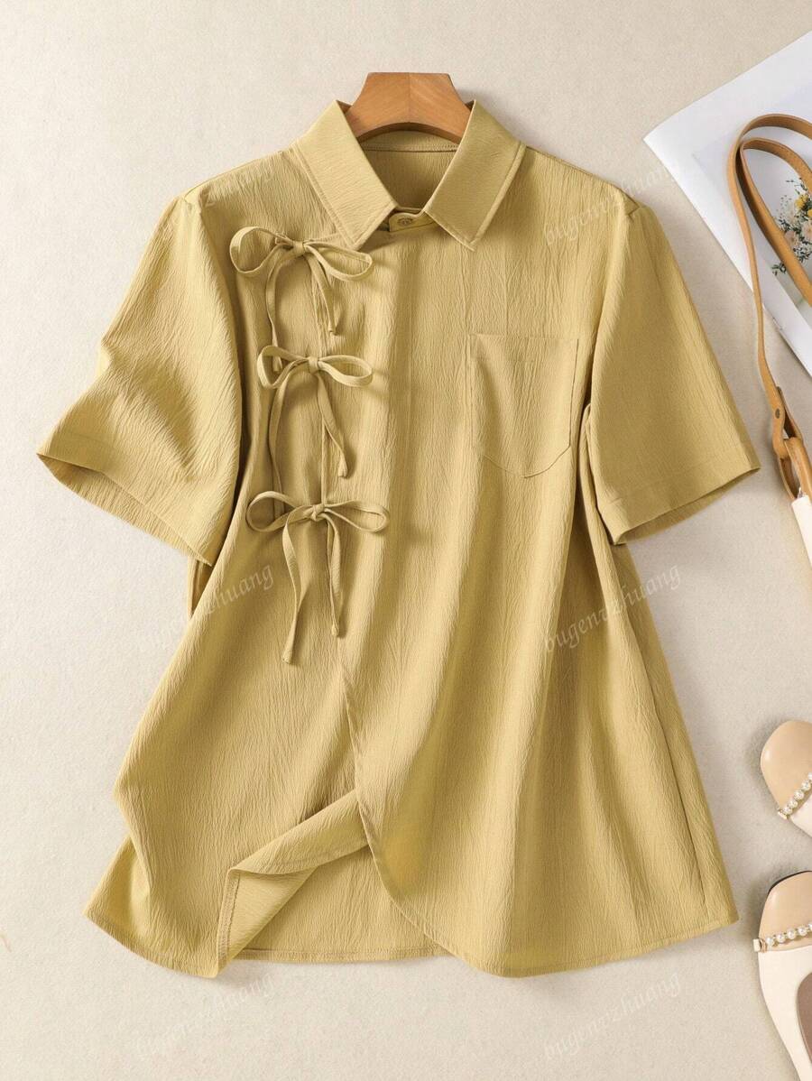 Women's Solid Color Knot Detail Lapel Shirt With Pocket & Button-Front - Stylish Short Sleeve Blouse For Dating Night, Festive Events, Daily Wear & Travel (Spring Summer Fall)