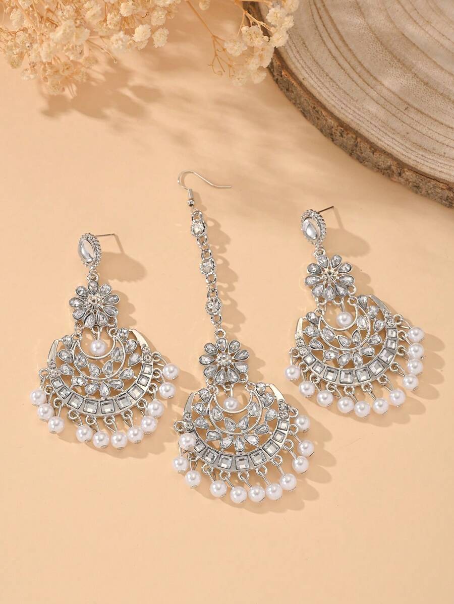 3PCS/Set Fashionable Rhinestone Inlay Forehead Chain,Luxurious Style Faux Pearl Pendant Earrings Jewelry Set Suitable For Women Daily Life, Banquets Wedding Wear