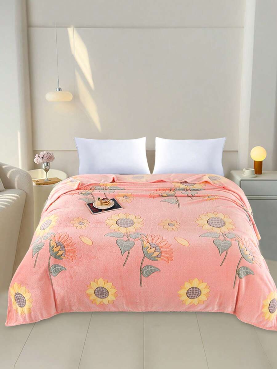 1 Paquete 200*220CM De Frazada De Felpa De Coral Con Estampado De Flores Y Hierba,Adecuada Para Sofá, Dormitorio, Sala De Estar, Confort Total, Uso En Viajes, Manta Para Siesta, Imagen De Referencia De Tamaño, Lavable A Máquina