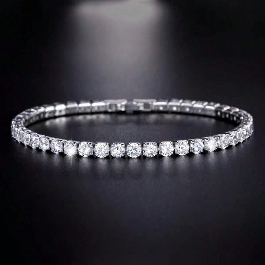 Silver Moissanite Tennis Bracelet,18K White Gold Plated 3mm Round Moissanite Tennis Bracelet 6.5-8.5 Inch