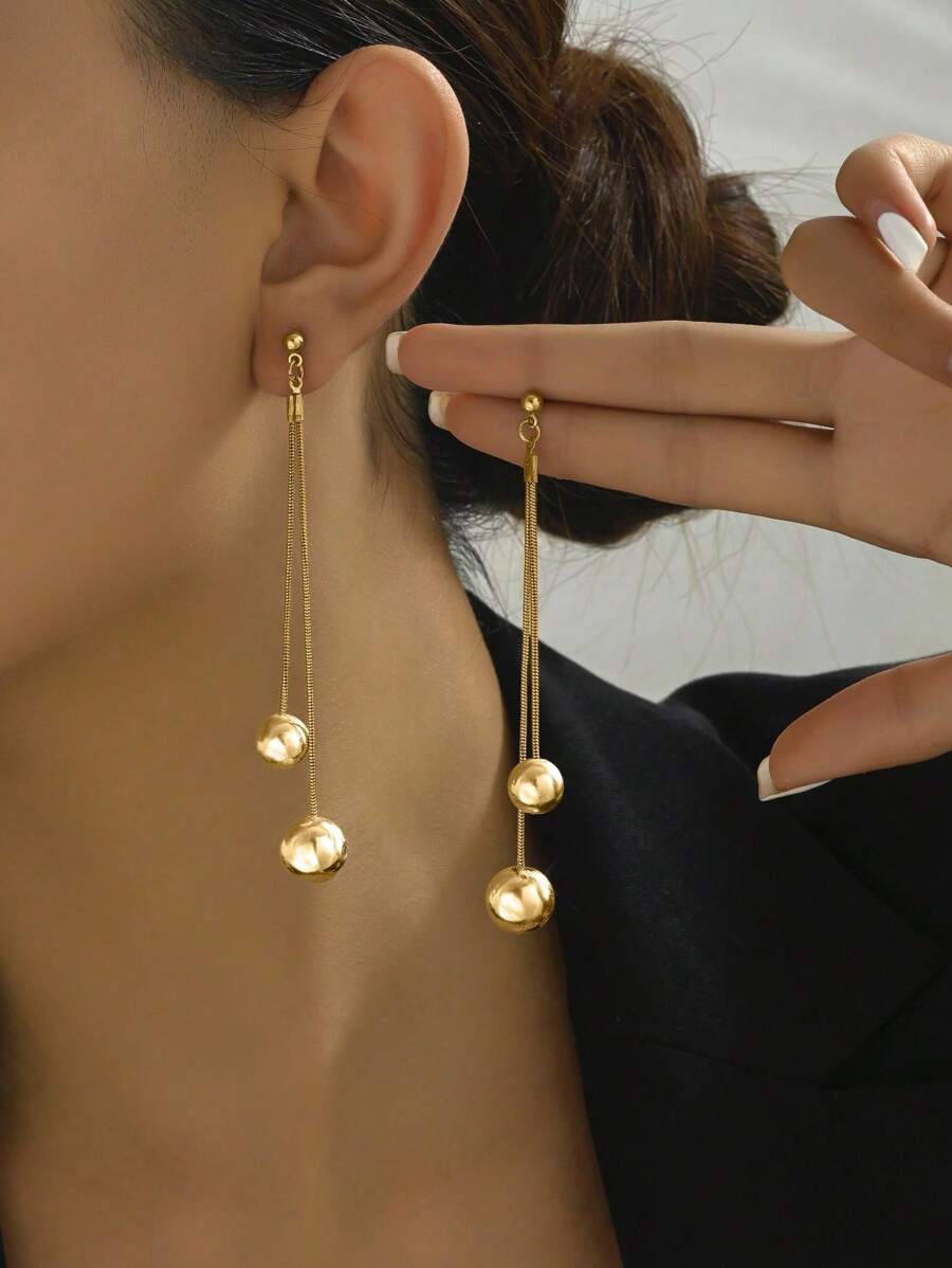 1 Pair Fashion Geometric Golden Double-Line Round Ball Pendant Design Earrings For Women, Unique Personalized Tassel Earrings, Versatile Daily Wear Jewelry