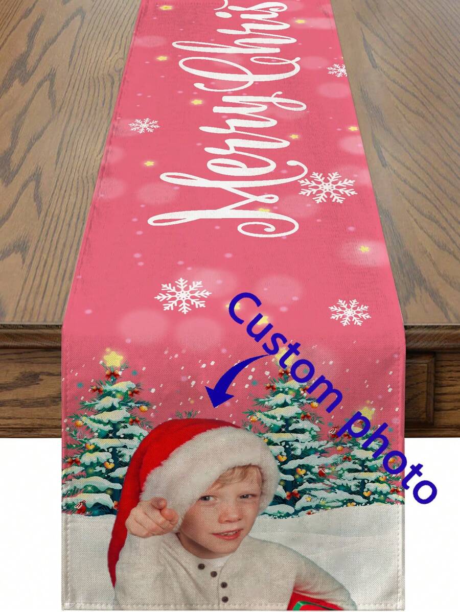 1 pièce Chemin de table rose de Noël, en tissu polyester avec éléments de peinture de Noël, décoration de table à manger pour la maison, design personnalisable